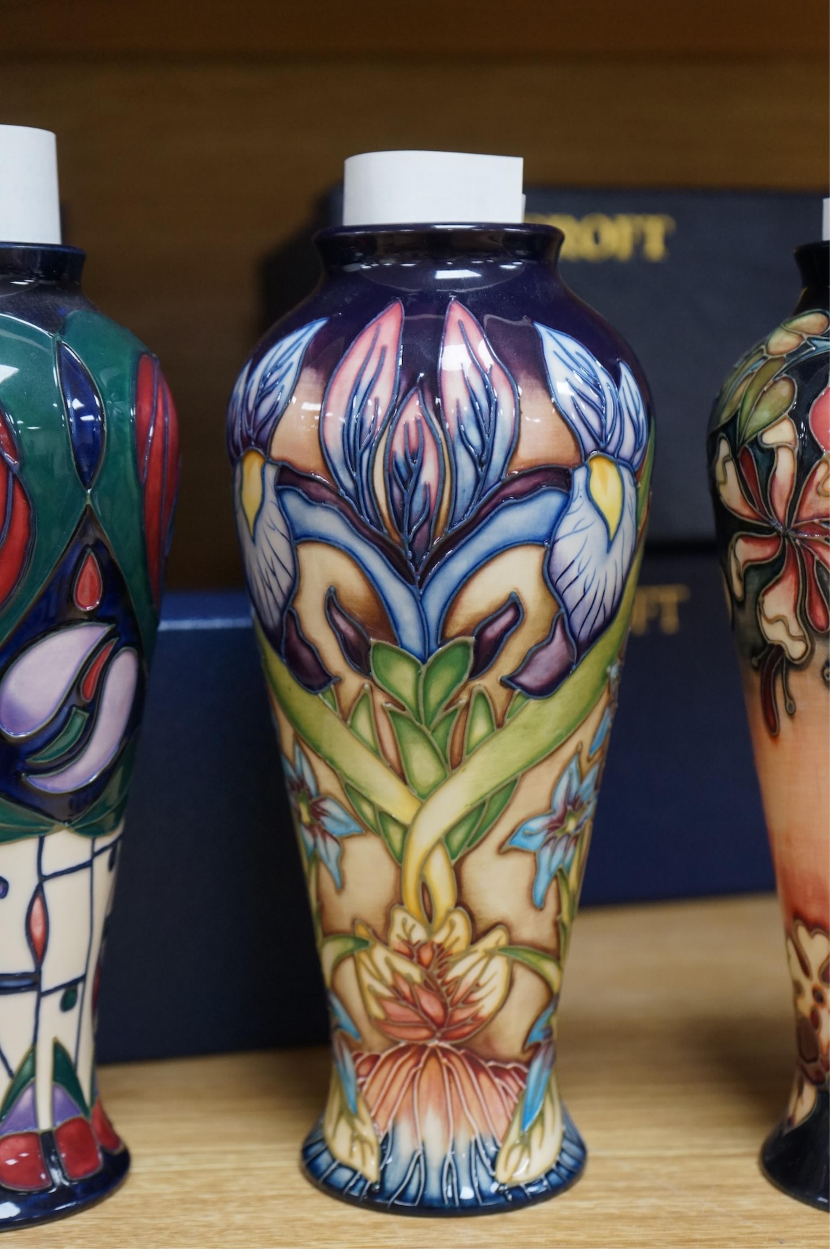 Five boxed Moorcroft vases - Geneva, Meadow Cranesbill, Cosmos, Oberon and Charles Rennie Macintosh patterns, 20.5cm